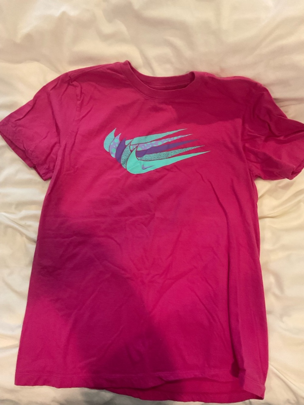 Nike Hot Pink Tee with Teal & Purple Swoosh